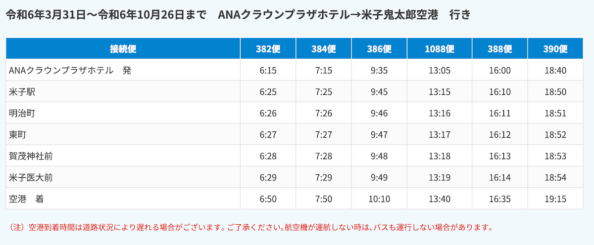 ANAクラウンプラザホテル→米子鬼太郎空港　行き