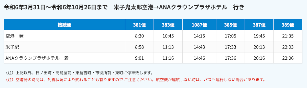 米子鬼太郎空港→ANAクラウンプラザホテル　行き